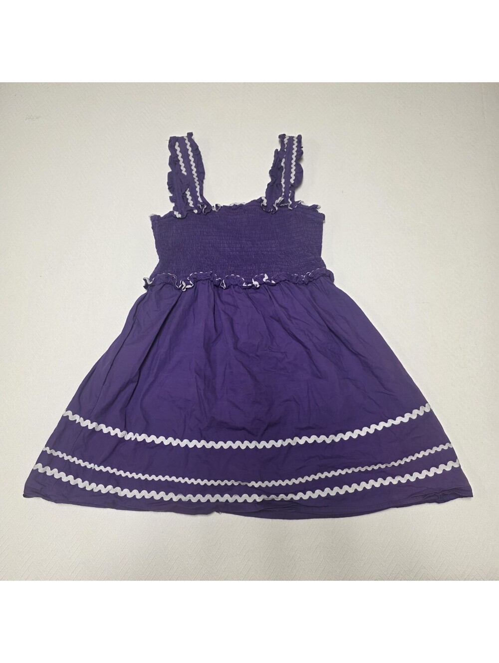TCEC Purple Boho Folk Dress Smocked Bodice Ruffle Straps White Trim Sundress